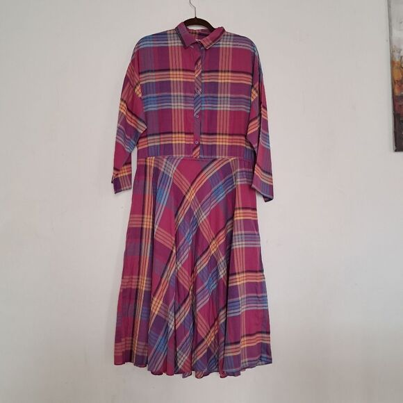 Vintage Y2K Shirt Dress Plaid Prairie Academia Cottagecore Maxi Retro Eclectic - Picture 1 of 10